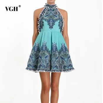 

VGH Sexy Halter Print Mini Women's Dress Sleeveless Off Shoulder High Waist Slim Ruffle 2019 A Line Female Dresses Fashion New
