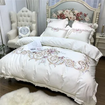 

Luxury 100S Egyptian Cotton Embroidered Bedding set Queen King Royal Duvet cover Bed sheet set Pillowcases 4/6pcs White Golden
