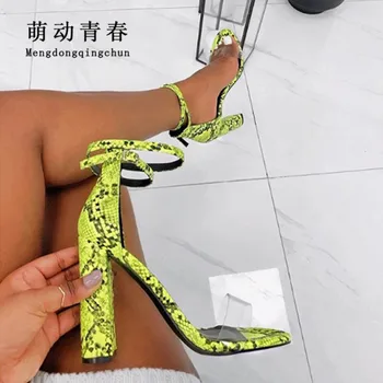 

Fashion Snake Print High Heeled Sandals Women Fluorescence Green Open Toe PVC Transparents Shoes Ankle Strap Party Pumps Mujer
