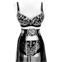 Fashion Sexy Handmade Dty Rhinestone Bodysuit Black ( Bra + Short + Skirt) 3pcs Female Singer Costumes Performance Dj Outfit
