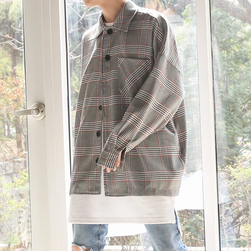 

2018 Korean Style Men's Fashion Lattice Printing Coats Loose Casual Grey/blue Color Long Sleeves Male Shirts Plus Size M-2XL