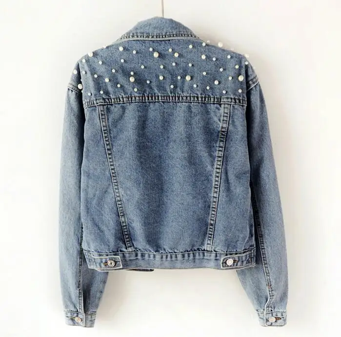 2019 الربيع النساء ضوء الأزرق اللؤلؤ الديكور سليم الدينيم الستر الكورية أزياء الشارع الشهير اللؤلؤ الجينز معطف الربيع الزي