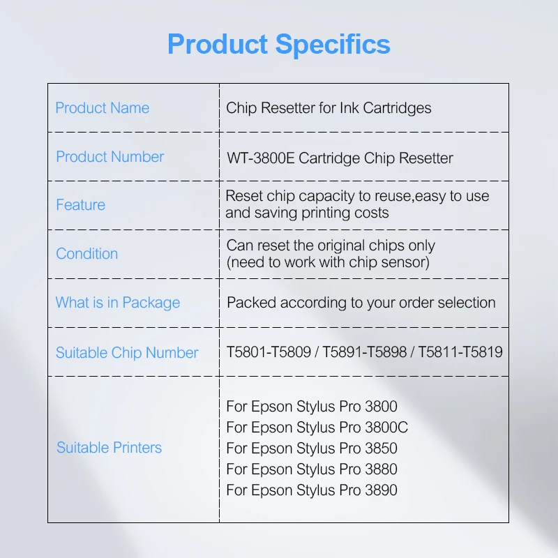T5801-T5809 T5891-T5898 T5811-T5819 Ink Cartridge Chip Resetter For Epson Stylus Pro 3800 3800C 3850 3880 3890 3885 Printer maintenance box chip resetter
