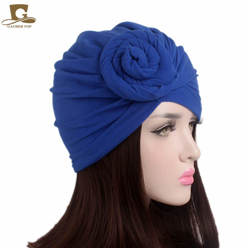 Women Turban Cotton Top Knot Flower Decor Headwrap Muslim Ladies Hair Cover Beanie Head Wear Solid Color India Hat Accessories