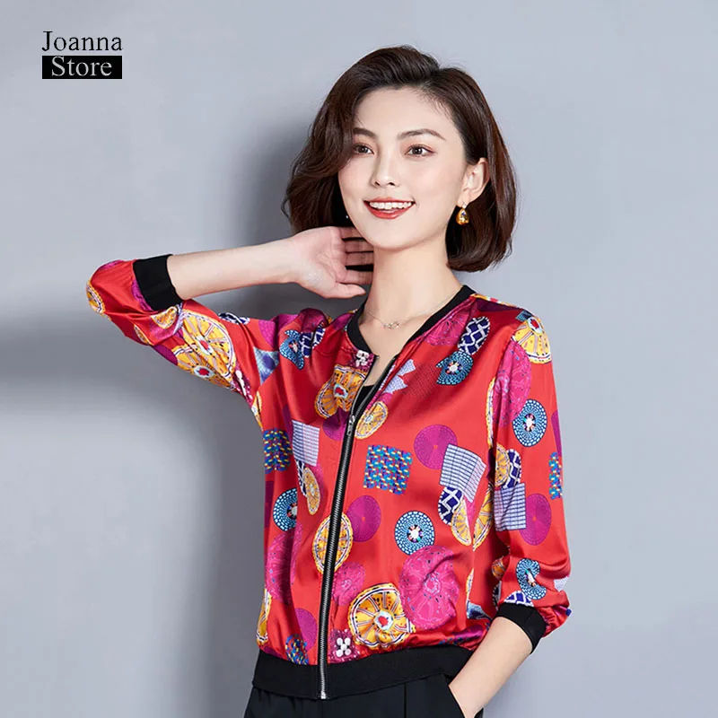 

Faux silk shining jacket women print thin 4XL coat bomber jackets plus size coats and jackets women casual office lady clothes