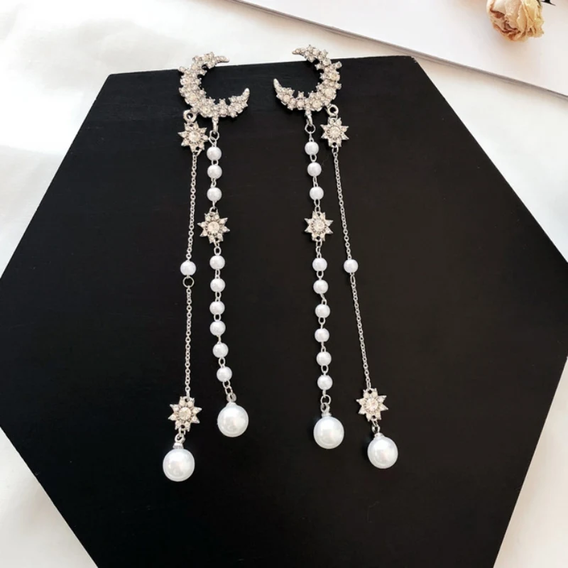 

Newest Moon Beading Tassel Earrings Shiny Pearl Crystal Star Moon Charming Earrings For Women Trendy Elegant Earrings Jewelry