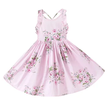 

Girls Floral Print Halter Dress Ruffles with Backless Sweet Baby Children Summer Cotton Party Dresses Wholesale