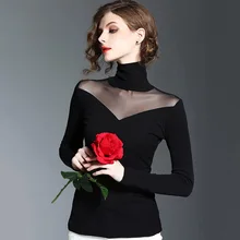 Американский стиль, новинка, Весенняя женская мода, тонкая водолазка, сексуальная марлевая Лоскутная рубашка, топы для девушек, плюс бархатная футболка