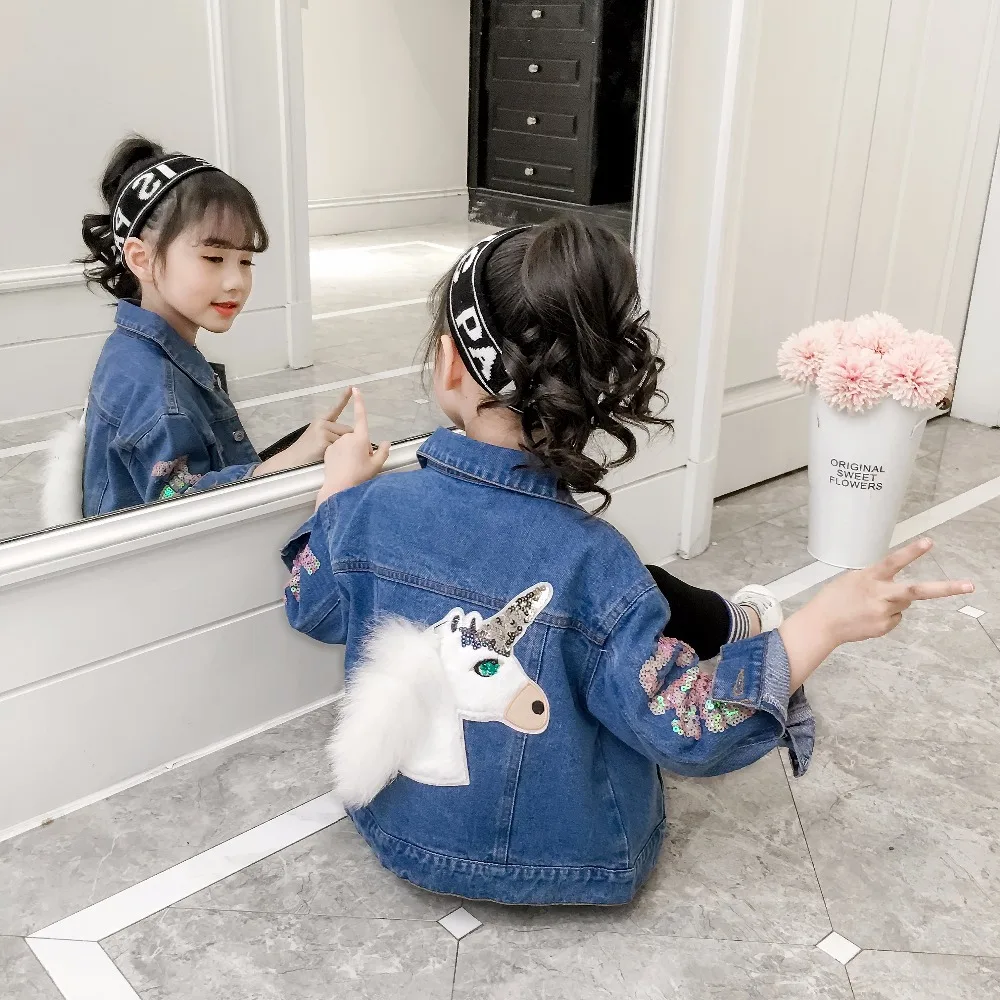 

3-12Years Old Children Spring Outerwear & Coats Kids Sequined Sleeve Unicorn Jacket For Girl's Clothing Boutique Denim Outfits
