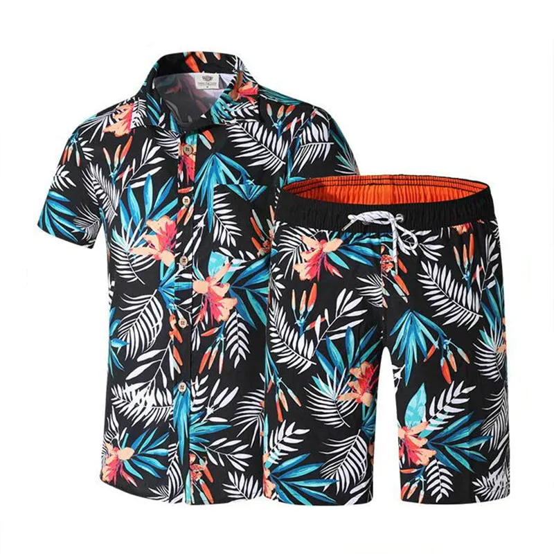 

2019 New Summer Beach Set Men Leaf Printed Short Sleeve Track Suit Casual Two Pieces Hawaiian Shirts+surf shorts Beacn Wear