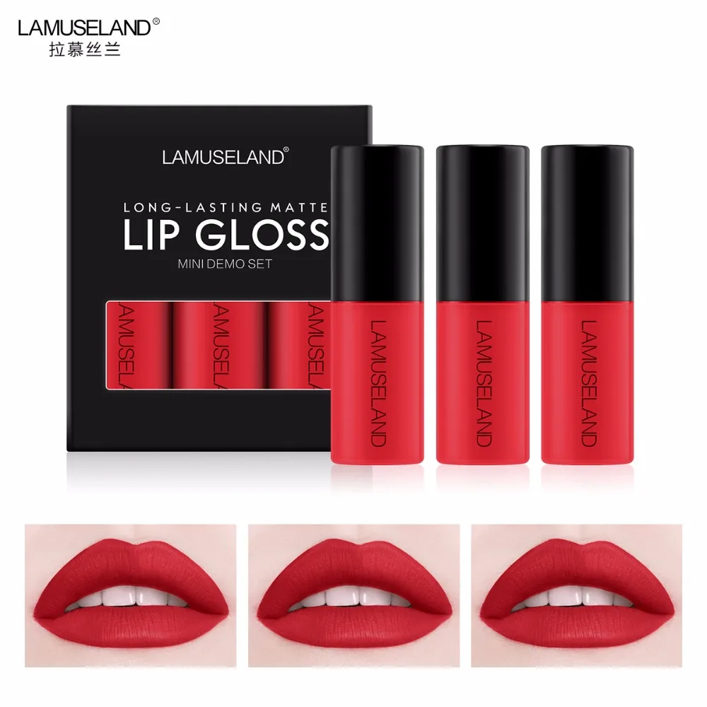 

LAMUSELAND 3Pcs/Set Waterproof Long-Lasting Liquid Lipstick Mini Lip Gloss #L18L11x3