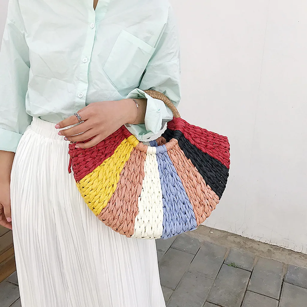 

Women Handbag Summer Beach Bag Rattan Woven Handmade Straw Large Capacity Totes colorful Women Shoulder Bag Bohemia rainbow sac