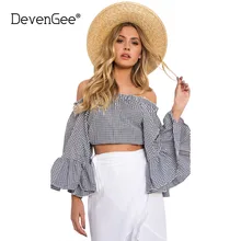 DevenGee Korean Fashion Clothing Women Crop Top Sexy Off Shoulder Flare Sleeve Plaid Print Ladies Summer Blouse Shirt Blusas