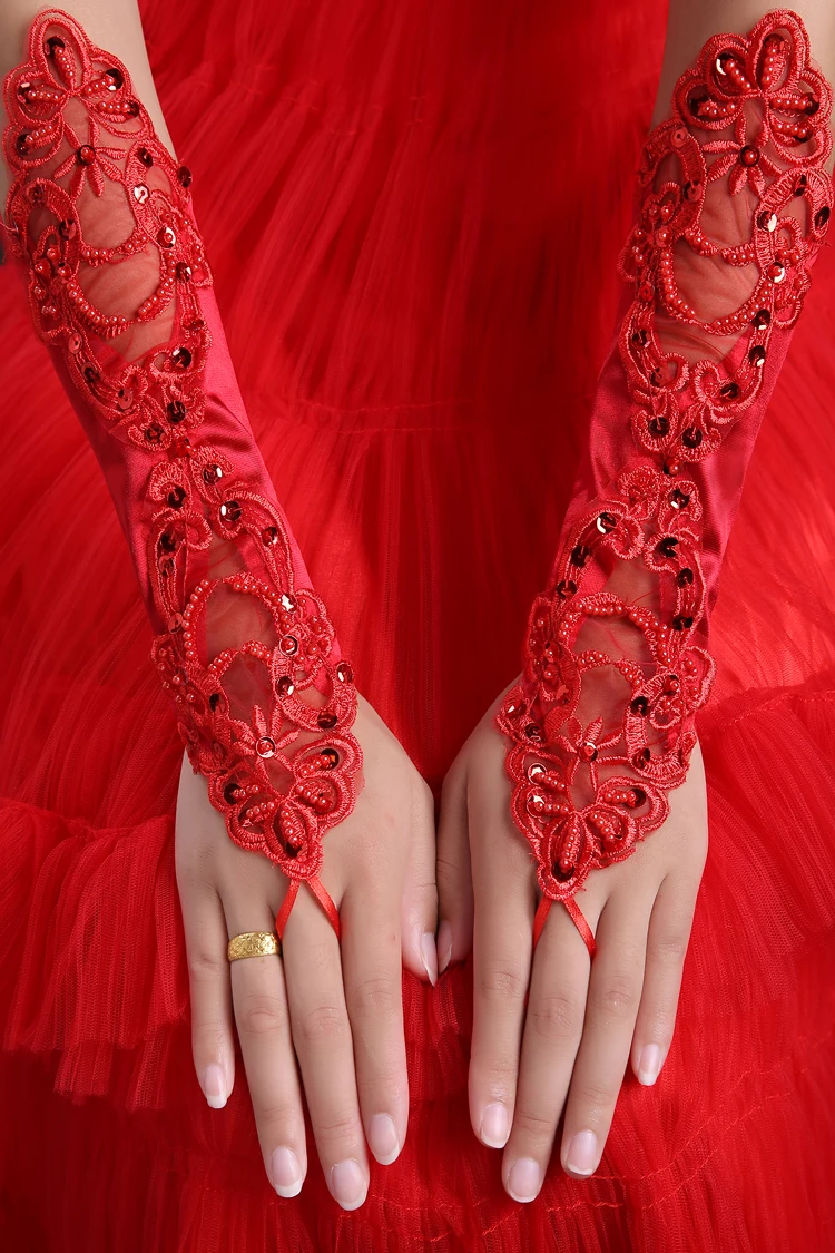 women's fashion gloves sexy red fingerless gloves red paillette lace  gloves red long design gloves R2060