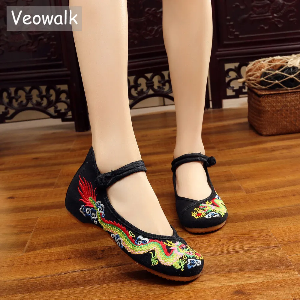Weowalk Handmade Cotton Ballet Flats Chinese Dragon Embroidery Women's