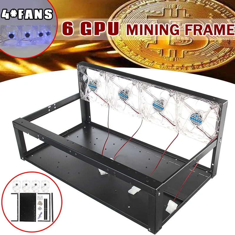 

LEORY HOT Selling For ETH/ZEC/Bitcoin 6 GPU Mining Rig Iron Case 4 x Transparent Blue Fans 6 x GPU Slots Open Air Frame