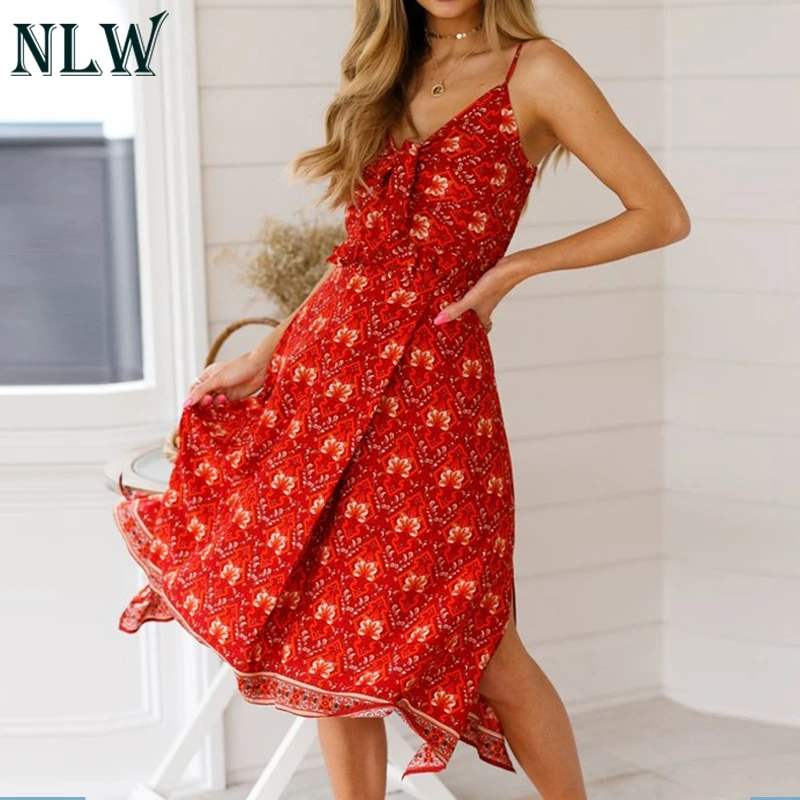 NLW/винтажное красное платье в стиле бохо с принтом для девочек 2019 летнее