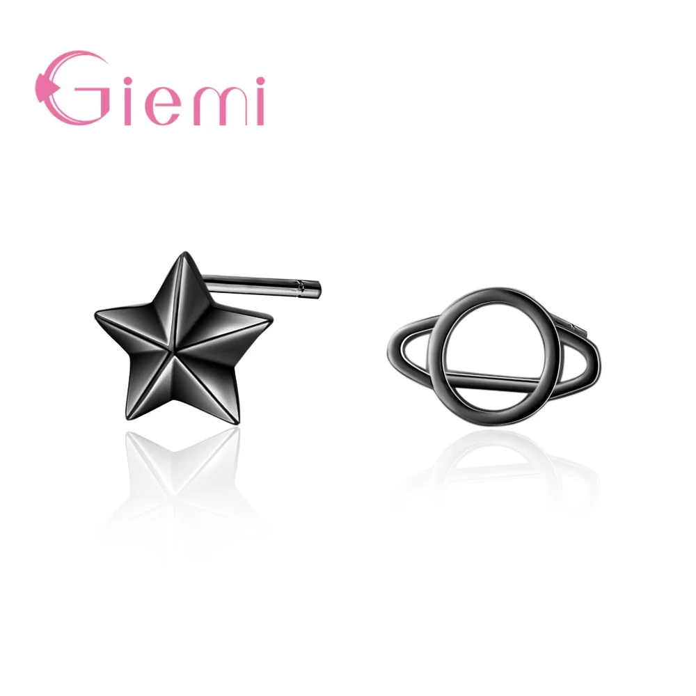 Universe Planet Saturn Black Trend Personality Creative 925 Silver Small Earrings Female Stars Asymmetric Stud Girl | Украшения и