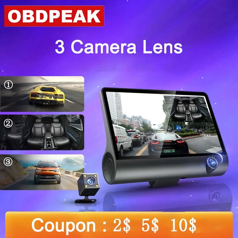 

OBDPEAK Car DVR 3 Cameras Lens 4.0 Inch Dash Camera Dual Lens With Rearview Camera Video Recorder Auto Registrator Dvrs Dash Cam