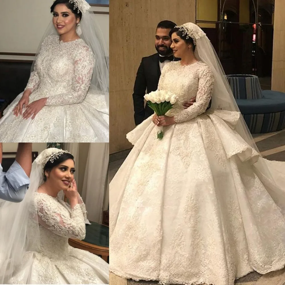 

Luxury Ball Gown Wedding Dresses 2019 Long Sleeves Lace Applique Beaded Sweep Train Plus Size Bridal Gowns vestido de noiva
