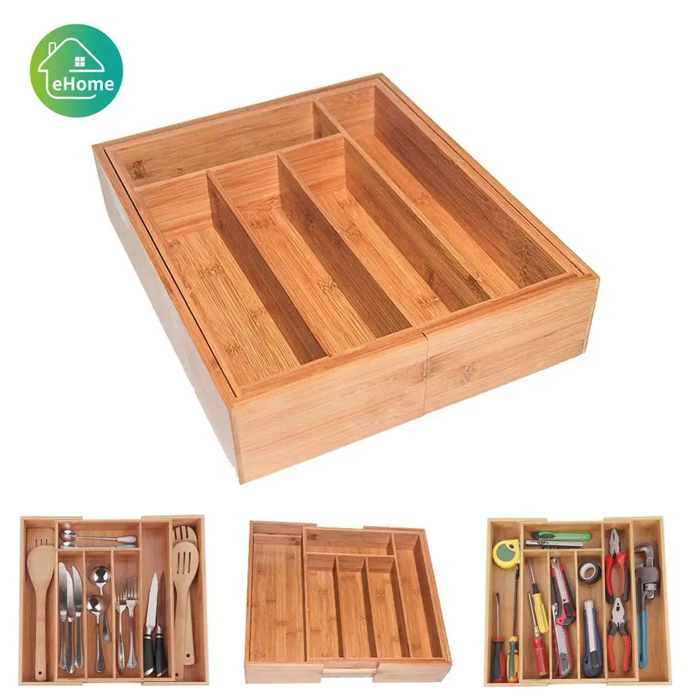 

Retractable Multi-Functional Bamboo Storage Box Cutlery Tray Bamboo Drawer Organizer Practical Groceries Storage Box