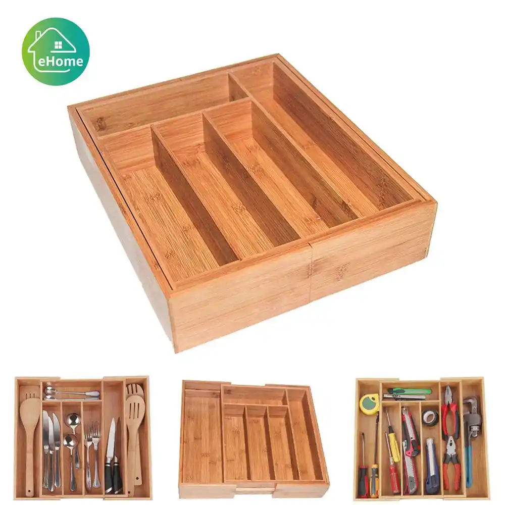 Retractable Multi Functional Bamboo Storage Box Cutlery Tray