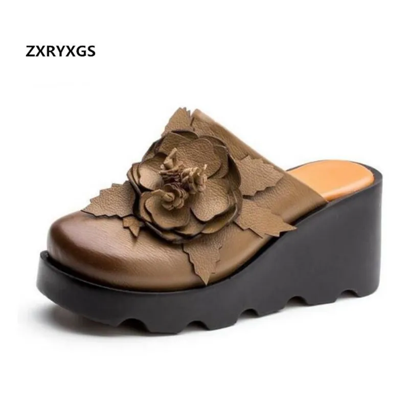 

ZXRYXGS Women Brand Sandals Slippers 2018 New Flowers Real Leather Sandals Platform Shoes Wedges Women Slippers Fashion Sandals