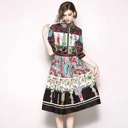 Летняя женская обувь в этническом стиле платье с принтом для девочек с короткими рукавами с отложным воротником женские до колена