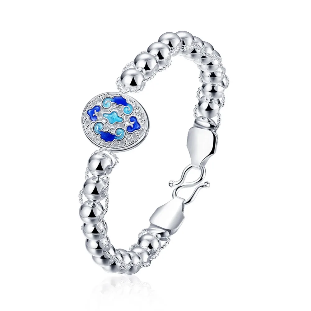

top quality Silver Plated&Stamped 925 loverly flower blue round tag single ball beads bangle cuff Bracelet Women wedding jewerly
