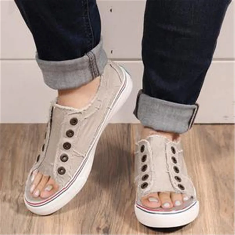 

HEFLASHOR New 2019 Spring Summer Women Canvas Shoes flat sneakers women casual Vulcanized shoes low upper peep toe white shoes