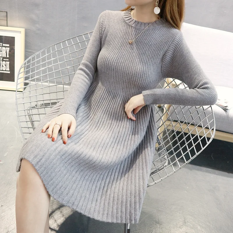 

Autumn and winter dress female new round neck knit dress sweater loose large size bottoming solid color maternity dress