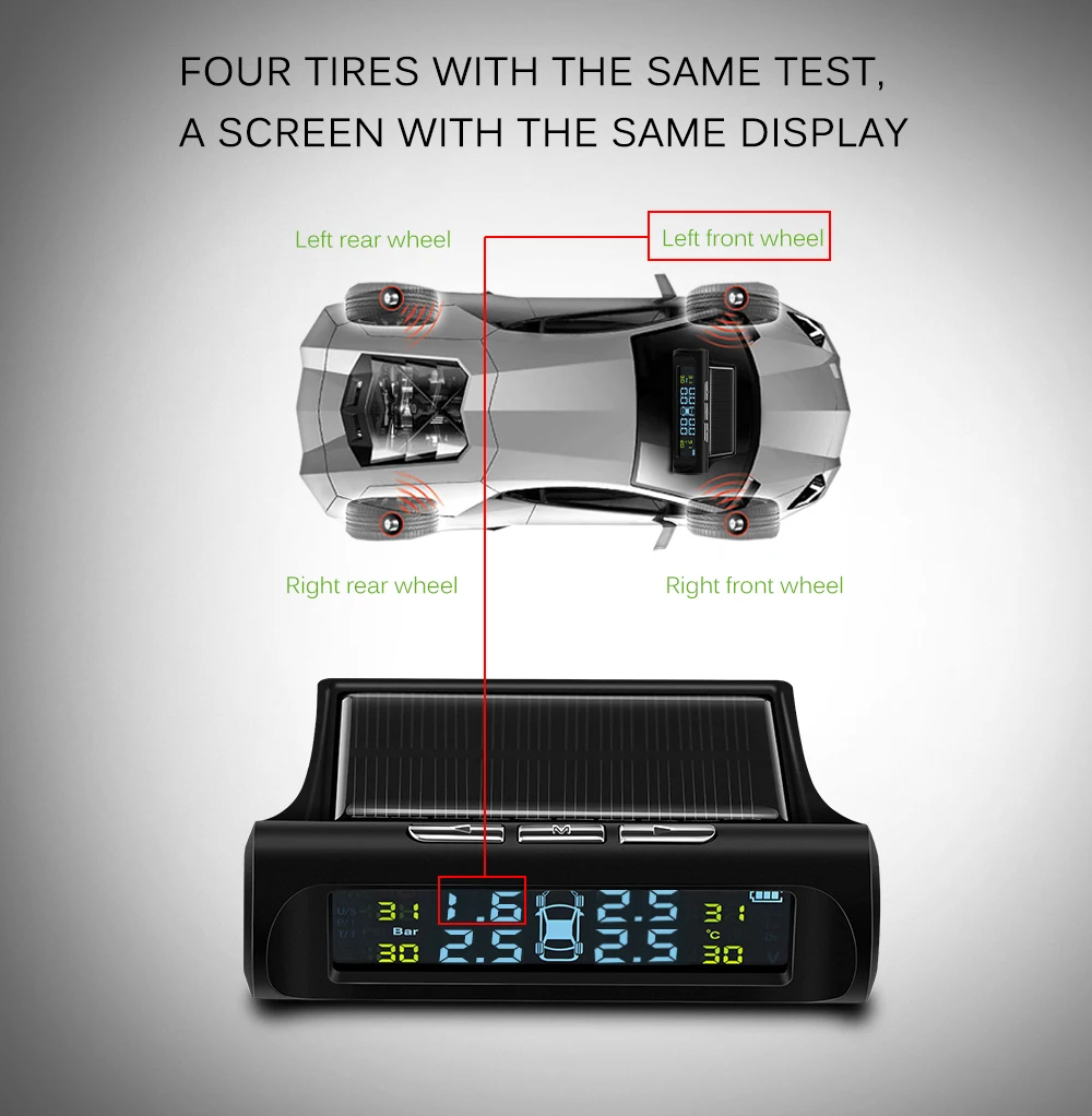 Car TPMS Wireless Tire Pressure Monitor Alarm System+4 External Sensor Tyre Detector Real-time Monitoring Solar/USB Charge Power Car TPMS Wireless Tire Pressure Monitor Alarm System+4 External Sensor Tyre Detector Real-time Monitoring Solar/USB Charge Power