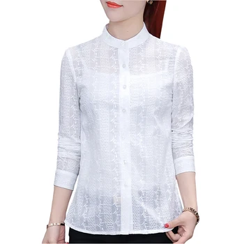 

2018 New Lady White Lace Shirts Size S-2XL Transparent Style Women Summer Casual OL Fashion Chiffon Blouses