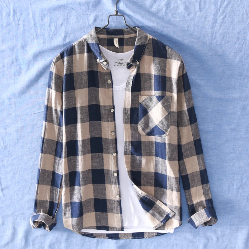 

2019 New men's cotton and linen casual plaid shirt spring long sleeve fashion shirts male brand square collar shirt men camisa