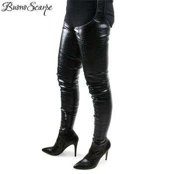 

BuonoScarpe Women Waist Long Boots High Heel Shoes Sexy Strap Thigh High Dancing Botas Mujer Stiletto 10cm Heels Black Long Boot