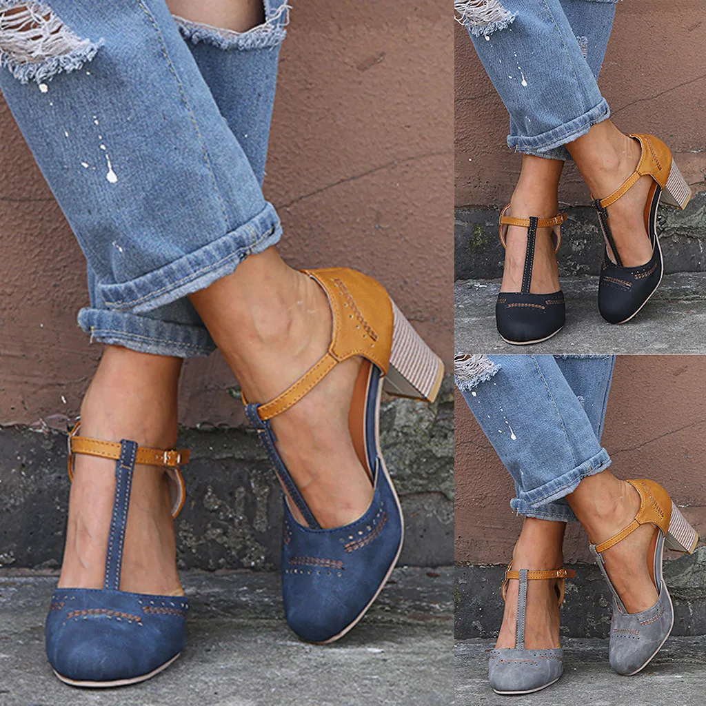 

Women's Fashion Rome Round Toe Buckle Strap Sandals Thick Heel High Heels Shoes Round Toe 8cm black gray blue plus size35-43