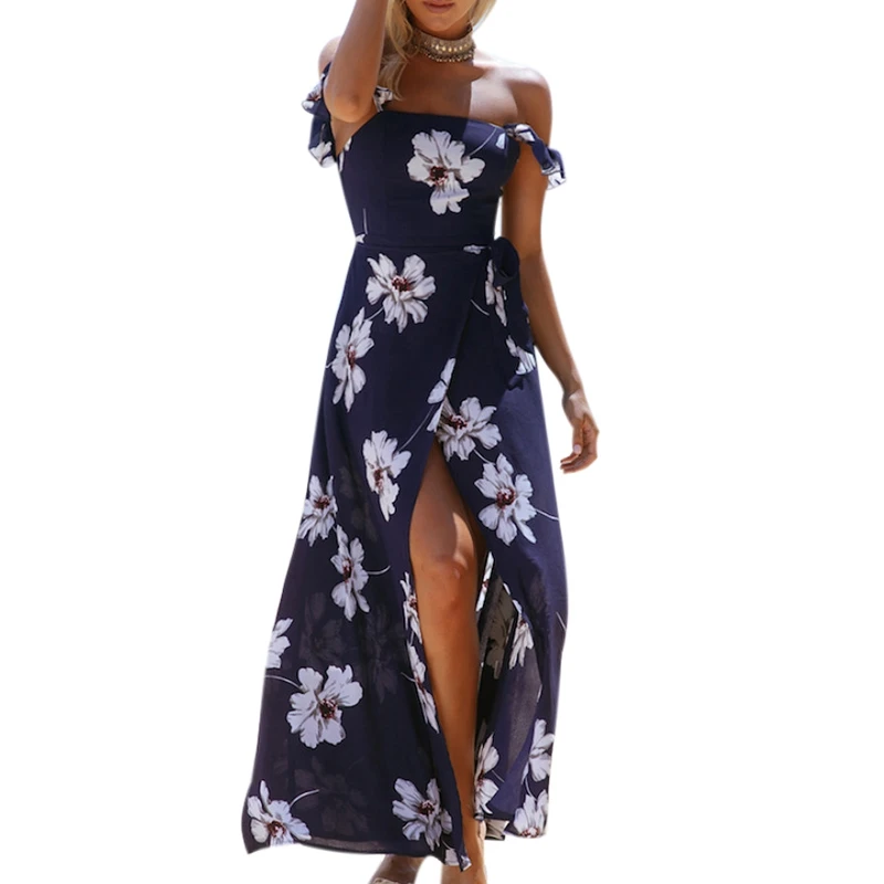 

gkfnmt Maxi Women Summer Dresses Beach Sexy Slash Neck Split Hollow Out Dress Floral Print Long Chiffon Dress boho Vestidos 2019