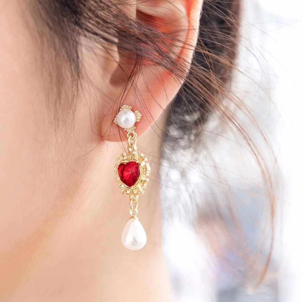Korean Style Long Earrings Gold Color Small Heart Gem Pearl Dangle