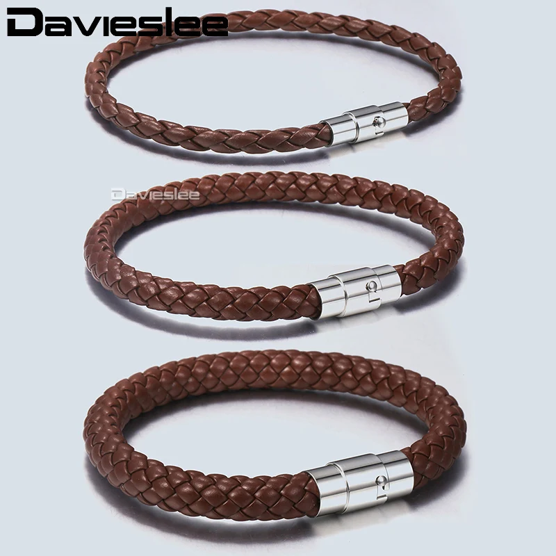 

Davieslee 4/6/8mm Leather Bracelet For Men Black Braided Rope Stainless Steel Clasp 20/23/25cm Men's Bracelet DLBM118