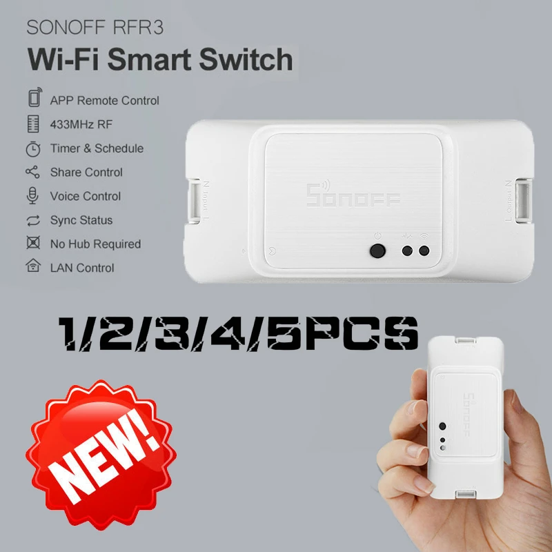 

5PCS SONOFF RFR3 Smart Control Switch Ewelink APP Smart Home WIFI 10A 100-240V Compatible with Alexa Google Home Automation