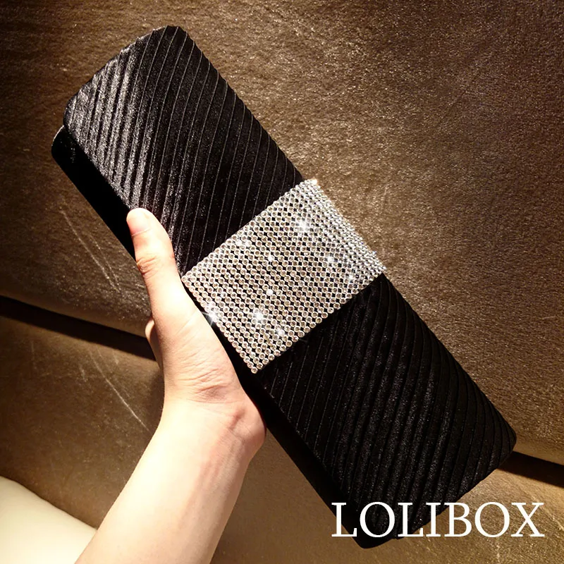 

LOLIBOX new Satin RV Rhinestone long clutches women Bride Wedding Party Purse Clutch chain crossbody bags for women