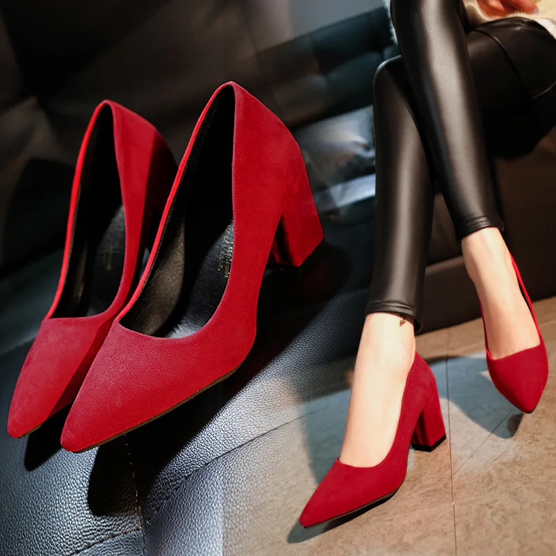 

New Women Pumps Shoes Fashion 7cm Thick High Heels Cow Suede Pointed Toe Slip-On Shallow Solid Party Lady Wedding Female Shoes