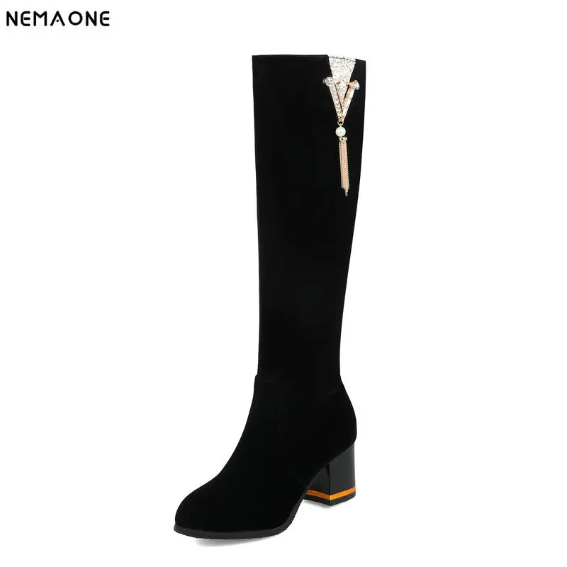 

New 6cm high square Heels over the knee boots woman rouned toe ladies Boots party dress shoes woman black red large Size 43