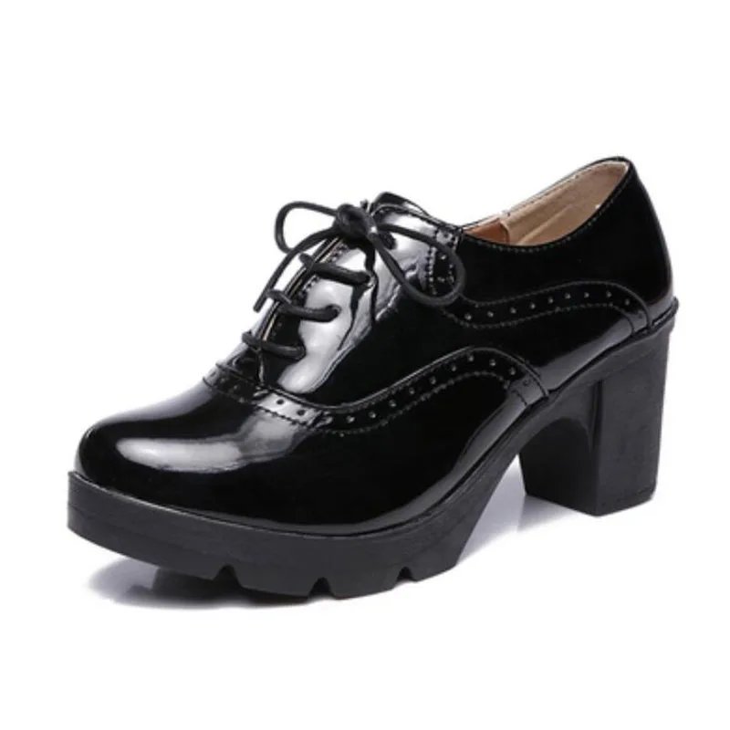 

Women Platform High Heels Oxfords PU Leather 7cm Height Square Heel Harajuku Female Student Shoes Solid Color Lace-Up Wild Retro