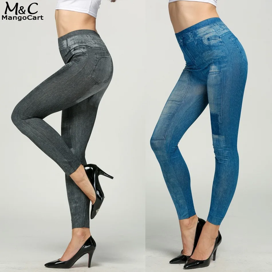 Women High Waist Skinny Leggings Faux Denim Jeggings Jeans Tik Tok