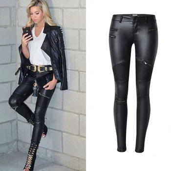 

Hot Sexy Women Automotive Leather Pants Street Wear Cool Womens Skinny PU Pants Stage Wear Women Branding Clothes Designer