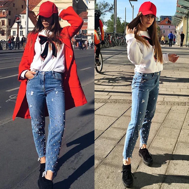 

Women Ripped Jeans Pearl Studded Tassels Irregular Pants High Waist Denim Trousers Asymmetric Streetwear Boyfriend Distressed XS