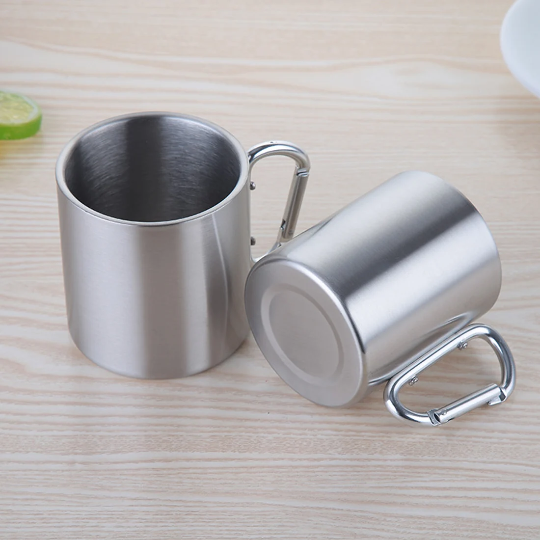 Caliente 220 ml 300 ml 350 ml 450 mL taza de acero inoxidable Camping Picnic viajar taza al aire libre taza de doble pared con mango de mosquetón