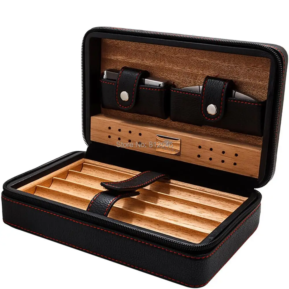 Cigar Case Portable Spanish Cedar Wood Leather Travel Humidor with
