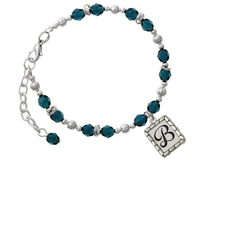 Silvertone Pebble Border Initial - B Navy Blue Beaded Bracelet